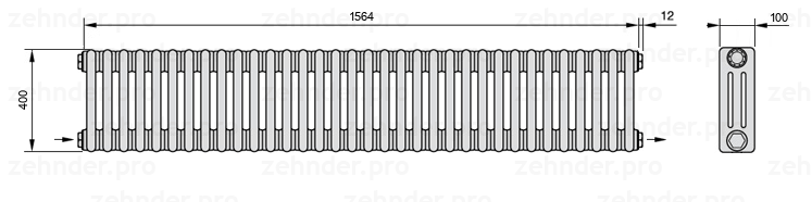 Схема (чертеж) Радиатор Zehnder Charleston 3040/34 №2670 Белый глянцевый RAL 9016